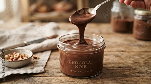 A hand scoops chocolate spread from a glass jar. The jar is labeled 