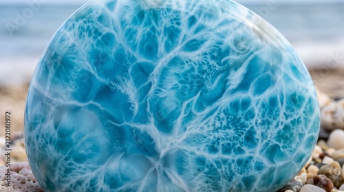Large blue round rock with natural dark vein patterns sitting on a pebble beach by the sea