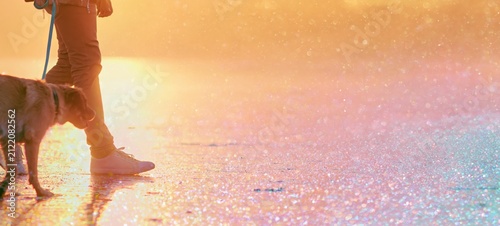 Man Walking a Dog Under a Dreamy Twilight Sky with Rainbow Light and Warm Golden Backlight, Ethereal Cinematic Atmosphere, Surreal Luxury Lifestyle Concept with Expansive Copy Space