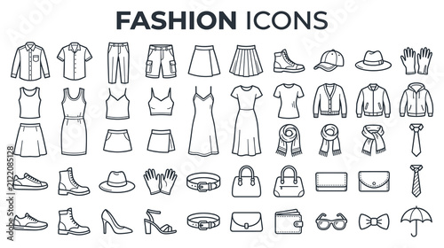 Collection of linear fashion icons for clothing apparel and gadgets.