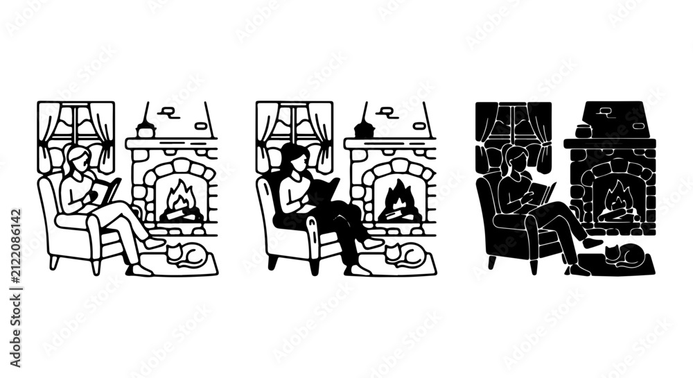 Fototapeta premium Cozy Reading Scene, Woman Relaxing by Fireplace, Cat Napping, Warm Home Ambiance, Vector Set
