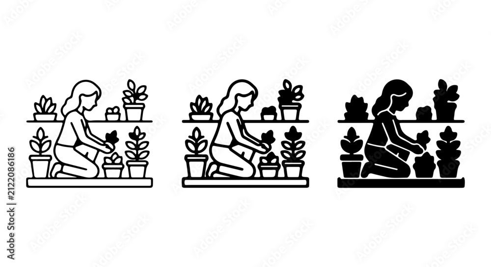 Obraz premium Gardening Woman Icon Set, Plant Care Vector Graphics, Home Horticulture Illustration, Green Thumb Design