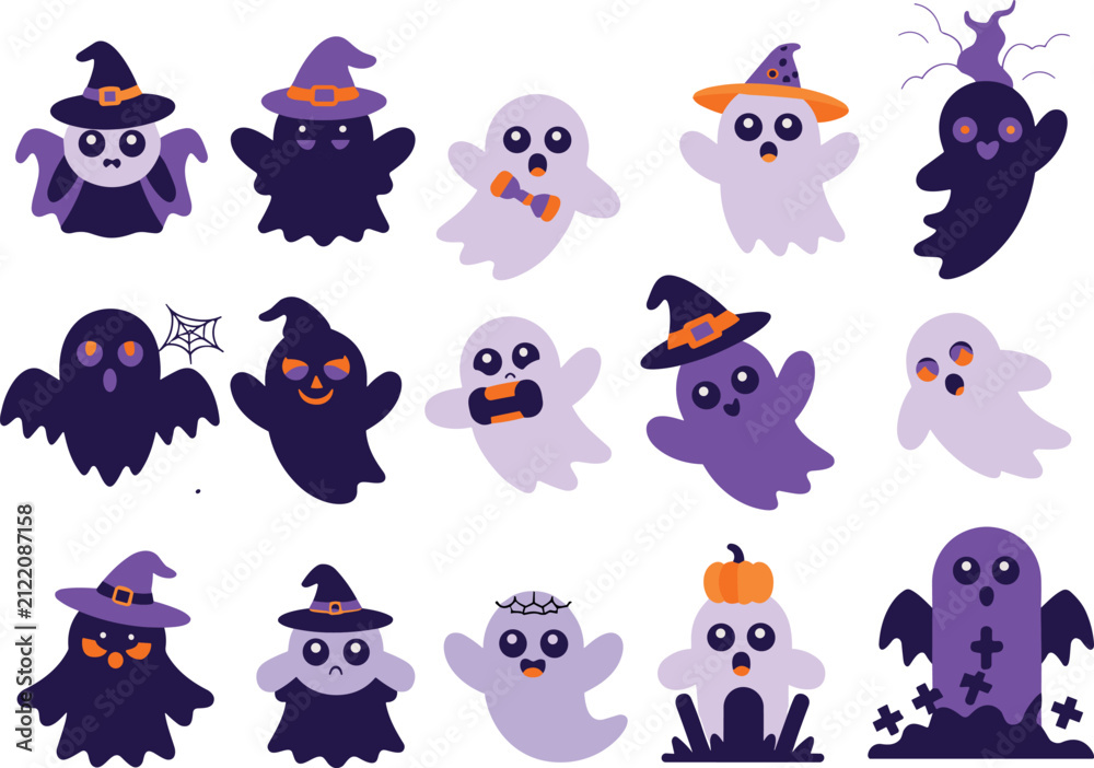 Naklejka premium Cute Halloween Ghost Characters Set with Spooky Spirits and Witches Hats Vector Illustration