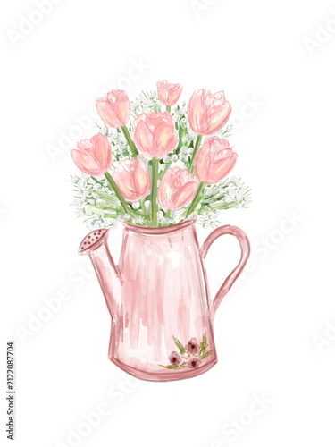 Watercolor pink tulip bouquet in a vintage watering jar illustration isolated on white background

Hand drawn soft pink tulips with baby breath flowers in a pink watering can pot 