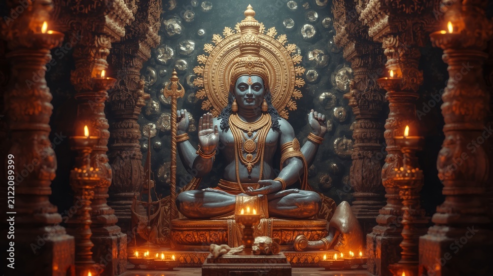 Fototapeta premium Sacred deity statue adorned with golden jewelry seated in meditative pose within intricately carved