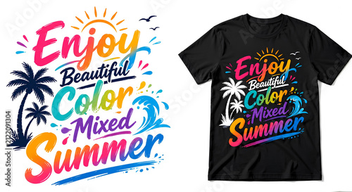 Vibrant Summer Vacation T-Shirt Design with Colorful Typography and Tropical Elements