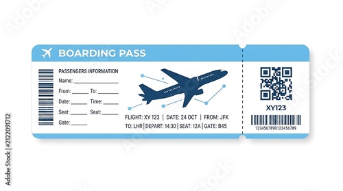 Modern boarding pass design showing flight details with stylized airplane icon route markers against light blue background template with template