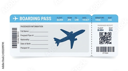 Modern boarding pass document with passenger information with barcode against light background clarity professionalism