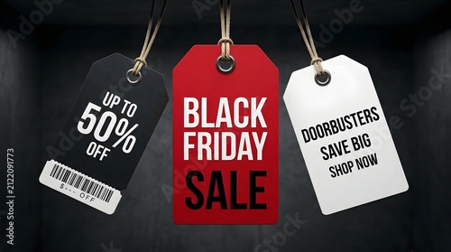 Creative Black Friday sale hanging price tags with fifty percent off discount and shop now text.
