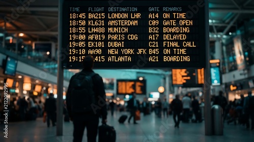 Modern airport digital departure board showing international flight status updates with travelers in background with framed travelers motion under warm indoor lighting