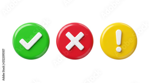 3d render of green check mark, red cross mark, and yellow exclamation mark isolated on transparent background