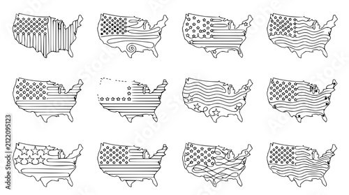 Принти на полотні USA Map Outline Collection: Diverse Patriotic Patterns, American Flag Inspired D