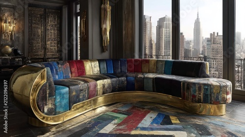 Luxurious Modern Curved Sofa with Colorful Patchwork Upholstery in High-rise Apartment