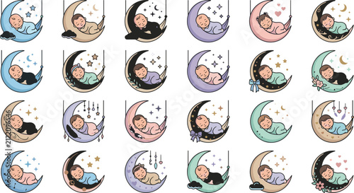 Cuadro en lienzo Adorable cute sleeping baby vector set lying on crescent moon swing with stars f
