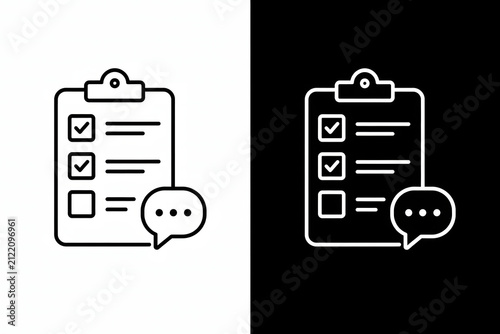Clipboard Checklist Icon with Speech Bubble for Task Management and Feedback in Line Art Style