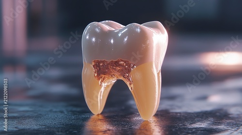 A shining tooth stands alone, showcasing its glossy surface and intricate inner details. The setting enhances its beauty with soft lighting, creating a serene and captivating atmosphere