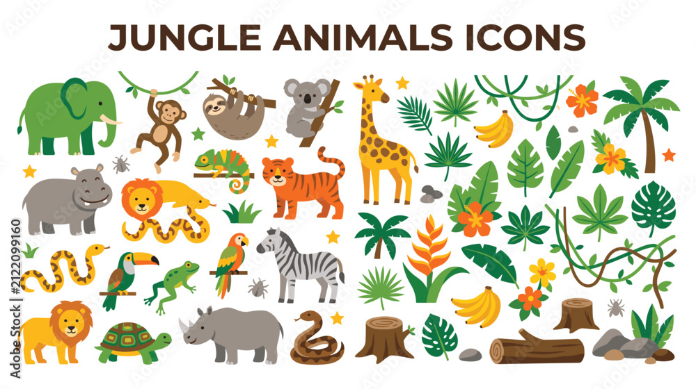 Obraz premium Collection of cute jungle animals and tropical plants icon set.
