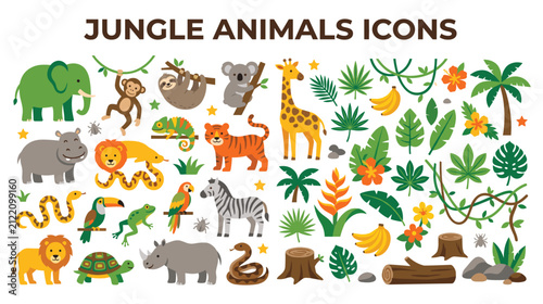 Photography Collection of cute jungle animals and tropical plants icon set.