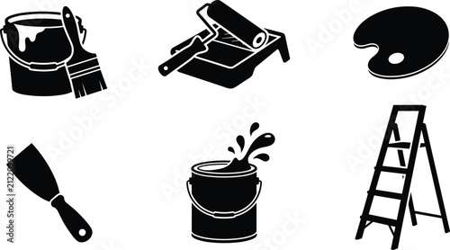 House Painting Tools Icon Set with Black Silhouette Designs Showing Paint Buckets Brushes Rollers Spatulas Palette and Step Ladder Elements for Renovation Graphics
