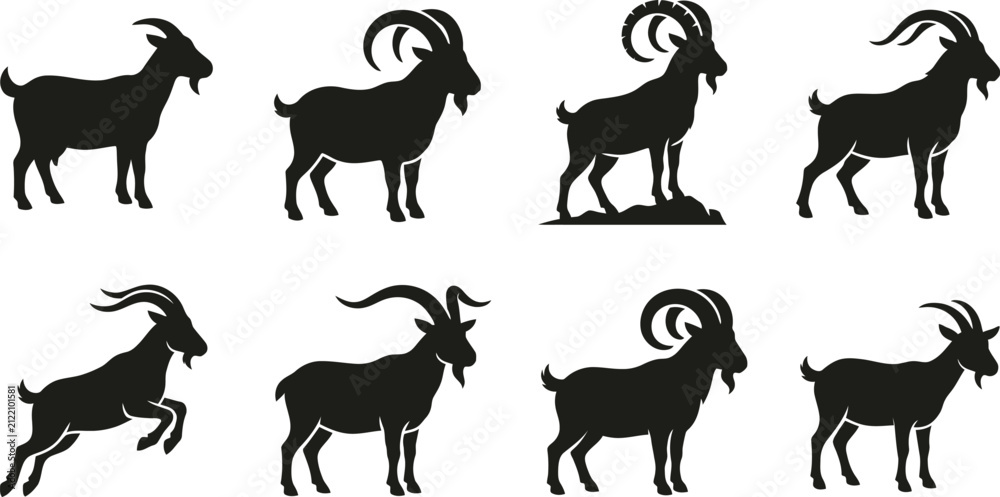 Fototapeta premium Mountain Goat Ibex Black Silhouette Vector Collection