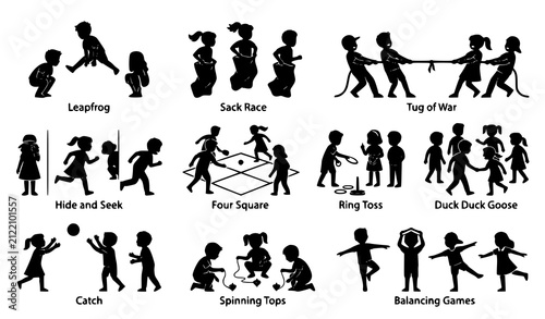 Children Playground Games Silhouette Set, Kids Leapfrog Tug Of War Hide Seek Labeled Pictogram Collection Vector