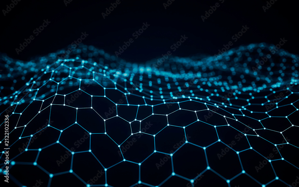 Fototapeta premium Glowing blue digital hexagonal grid forming smooth flowing waves across dark empty space representing advanced computer networking and complex data science