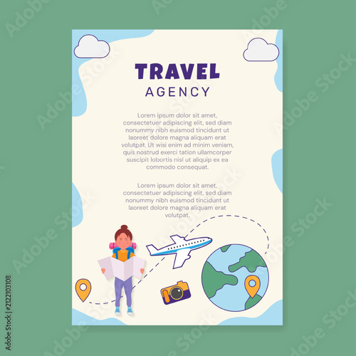 Travel agency poster layout with traveler looking at map illustration