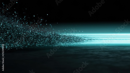 Glowing fragments create a chaotic stream next to a clear band. There is a wide empty area above the design.