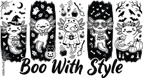 Halloween axolotl vector design set with cute animal characters