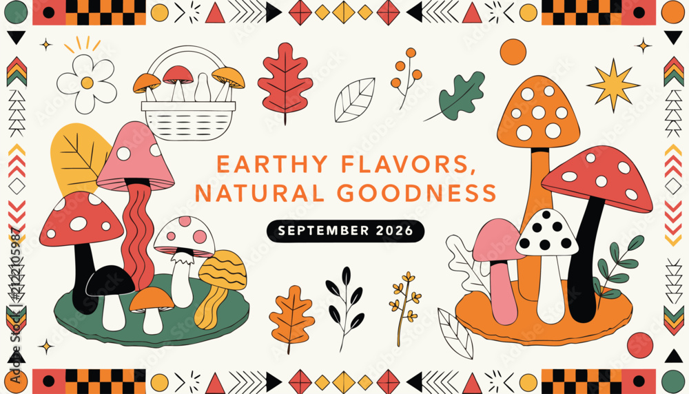 Fototapeta premium Colorful flat vector illustration featuring cute mushrooms and decorative autumn foliage