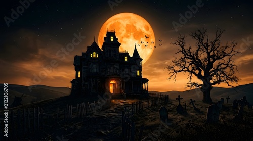 Spooky haunted house with full moon and graveyard at night