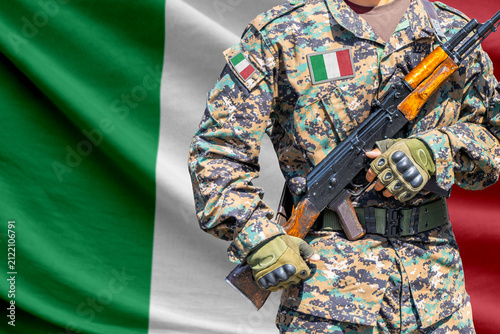 Canvas Print Italy flag with soldier holding assault rifle