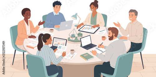 Diverse business professionals collaborating at a round table meeting