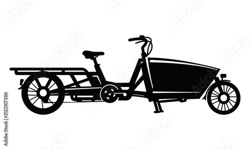 Vintage cargo bicycle silhouette vector illustration isolated on white background, Retro delivery bike with front cargo box vector, Classic Dutch cargo bike silhouette for eco friendly transport