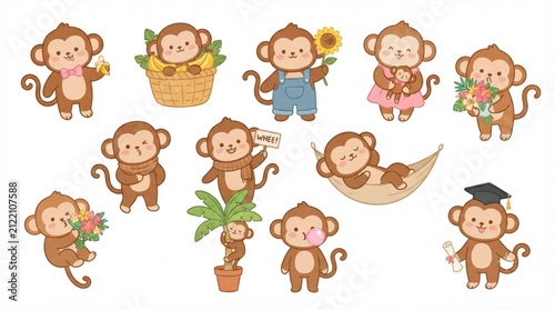 Happy Monkey Character on White Background