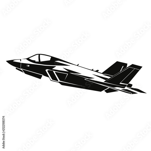 Modern fighter jet silhouette vector, black and white military aircraft illustration, stealth supersonic interceptor plane icon for aviation design