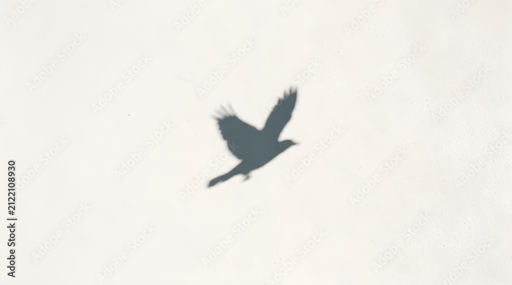 Naklejka premium Minimalist bird silhouette in flight, dark avian profile soaring against white sky, simple nature photography for clean background design