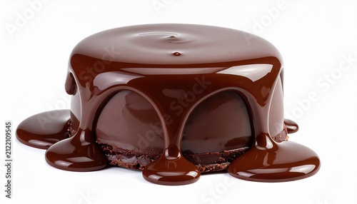 気泡が浮かぶダークチョコレートケーキ、チョコレートが垂れている美味しそうなケーキ。白い背景。