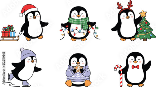 Cute winter Christmas penguin cartoon set on white background
