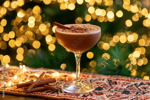 Festive cocktail glass garnished with cinnamon stick and chocolate shavings