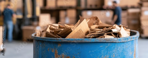Cardboard scrap inside blue metal bin inside warehouse facility interior