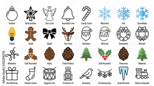 Christmas Icon Set with Tree Gift Bell Snowman Candy Cake Star Ball and Holiday Decoration Elements Vector Collection for Xmas and New Year Design
