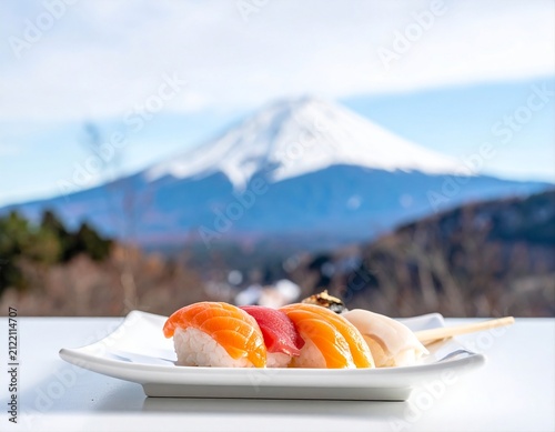Fresh assorted sushi served on a white plate with the iconic Mount Fuji in the background