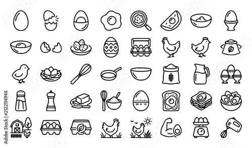 Complete egg and poultry farm line icon set for healthy breakfast culinary recipe graphic design