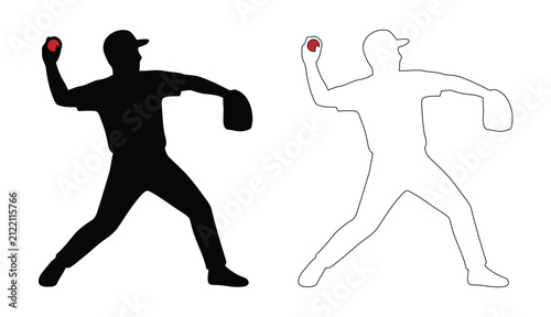 Fotografie Baseball fielder throwing red ball vector silhouette & line art outline icon for