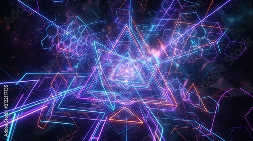 Futuristic neon light tunnel. Abstract glowing geometric lines in dark cyberspace.