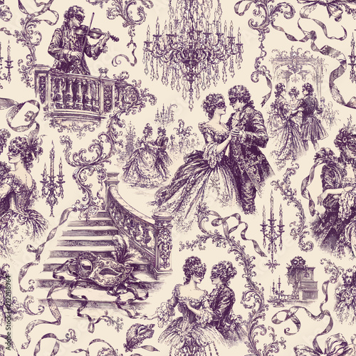 Ornate dark purple toile de jouy depicting a grand masquerade ballroom with waltzing couples, staircases, feathered masks and crystal chandeliers.