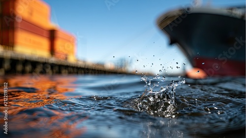 Close up of water splash in a harbor with cargo and ship in background