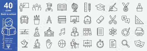 Back to school icon set Collection Linear Style Depicting Education And Learning Elements, Editable line icons. Vector illustration