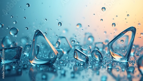 Abstract close-up of ice shards and water droplets with a gradient background.